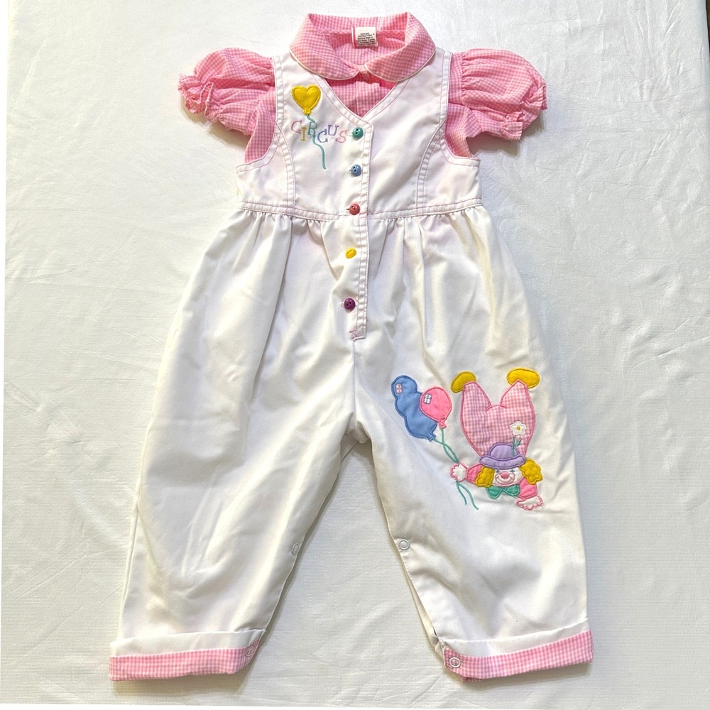 Vintage Circus Clown Romper Baby Girl 18M Pink White Gingham Kidcore Jumpsuit